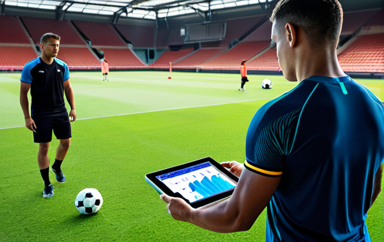 **Prompt:** A young, determined La Liga football academy player trains on a modern pitch, surrounded by glowing holographic data visualizations showing personalized training metrics, such as heatmaps, performance graphs, and biometric readings. A coach or sports scientist intently observes the data on a transparent tablet, symbolizing the blend of human guidance and advanced analytics in player development and injury prevention. The atmosphere is dynamic and futuristic, with a focus on precise, data-driven athlete care.