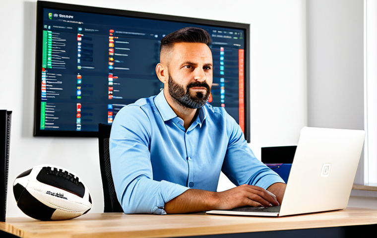 A professional male football blogger, mid-30s, with a focused and dedicated expression. He is seated at a clean, modern desk in a well-lit home office. He is fully clothed in a modest collared shirt and smart casual trousers, appropriate attire. On the desk, a laptop displays a vibrant football blog interface with clear analytics graphs, subtly hinting at monetization strategies. A sleek football-themed mug sits beside the laptop. In the background, a tastefully framed, iconic football jersey hangs on the wall. The image conveys professionalism and a deep passion for the sport, safe for work, appropriate content, fully clothed, professional. Perfect anatomy, correct proportions, natural pose, well-formed hands, proper finger count, natural body proportions.