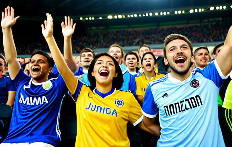 Cheering Fan**

A diverse group of soccer fans in a stadium, all wearing team jerseys and scarves, enthusiastically cheering and applauding a play. The stadium is packed and vibrant with energy. Focus on positive emotions and camaraderie. Fully clothed, appropriate attire, safe for work, perfect anatomy, natural proportions, professional sports photography, high quality, modest and family-friendly.

**