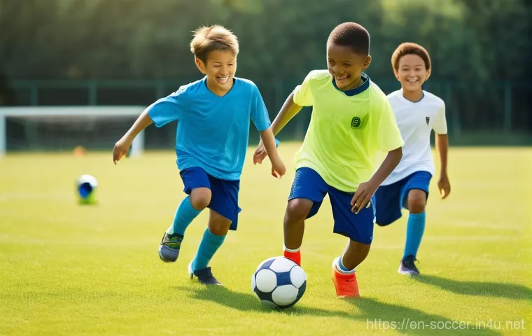 유소년 축구 코칭 가이드 - **Prompt 1: Resilience on the Pitch**
    A diverse group of youth soccer players, around 8-10 years...