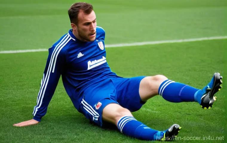 축구 경기 중 흔한 부상과 대처법 - **A male professional soccer player, mid-20s, wearing a modern, form-fitting team uniform (jersey, s...