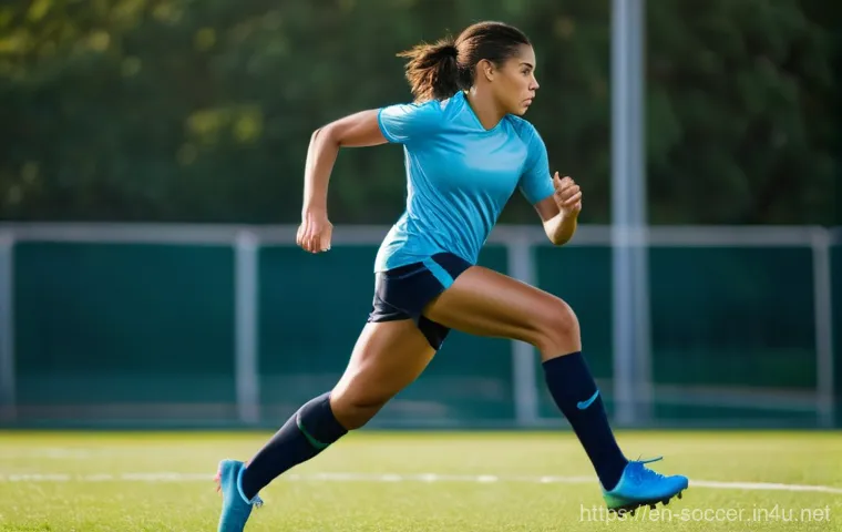 축구 경기 중 흔한 부상과 대처법 - **A male professional soccer player, mid-20s, wearing a modern, form-fitting team uniform (jersey, s...