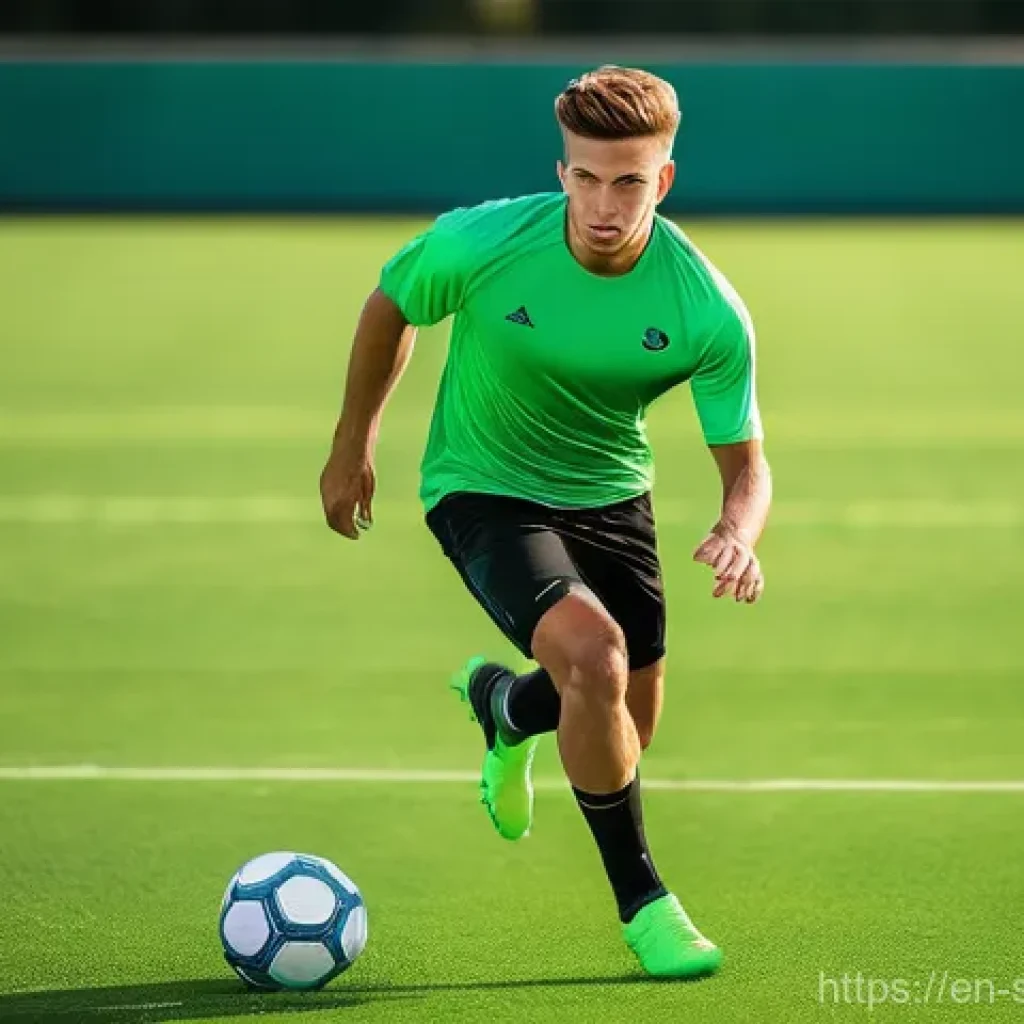 축구 선수 필수 체력 훈련 - **Explosive Agility on the Pitch:**
    A male soccer player, aged 20-25, in peak athletic condition...