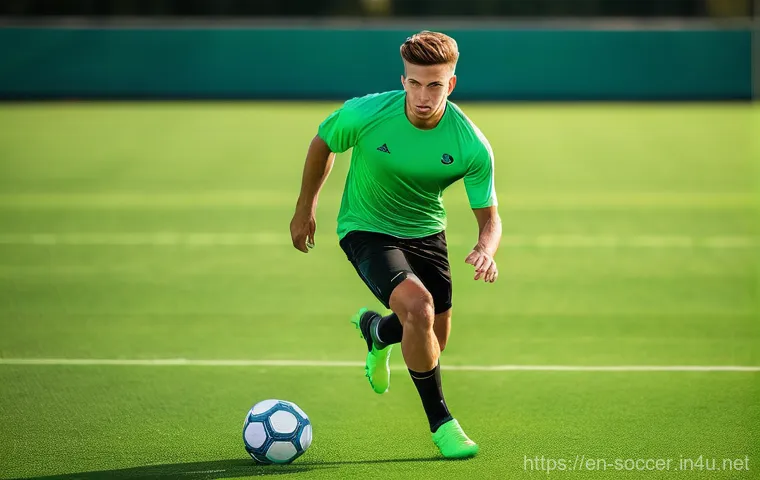 축구 선수 필수 체력 훈련 - **Explosive Agility on the Pitch:**
    A male soccer player, aged 20-25, in peak athletic condition...