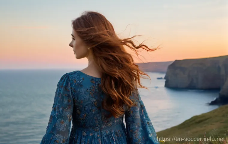 축구로 알아보는 심리학 - A young woman, approximately 25-30 years old, with long, flowing auburn hair, is standing on a pictu...