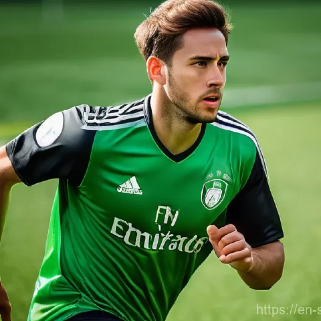 축구 패스 연습 방법 - **Prompt:** A dynamic, eye-level shot of a male football midfielder, approximately 25 years old with...