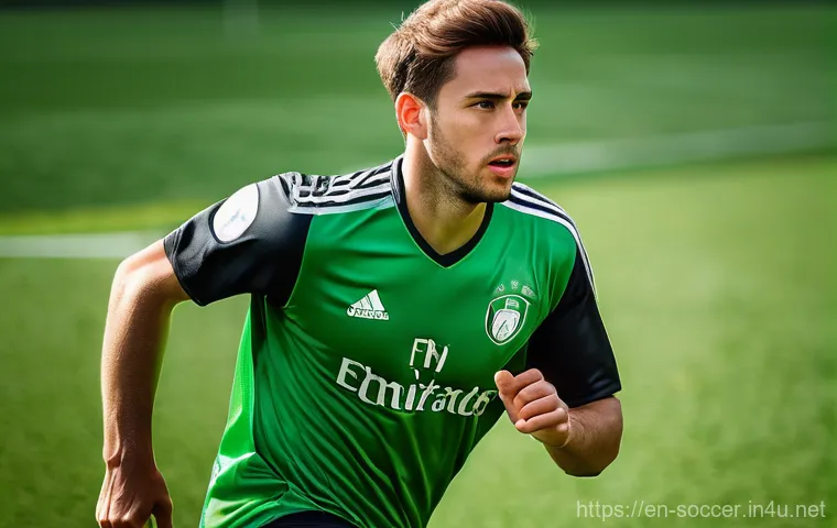 축구 패스 연습 방법 - **Prompt:** A dynamic, eye-level shot of a male football midfielder, approximately 25 years old with...