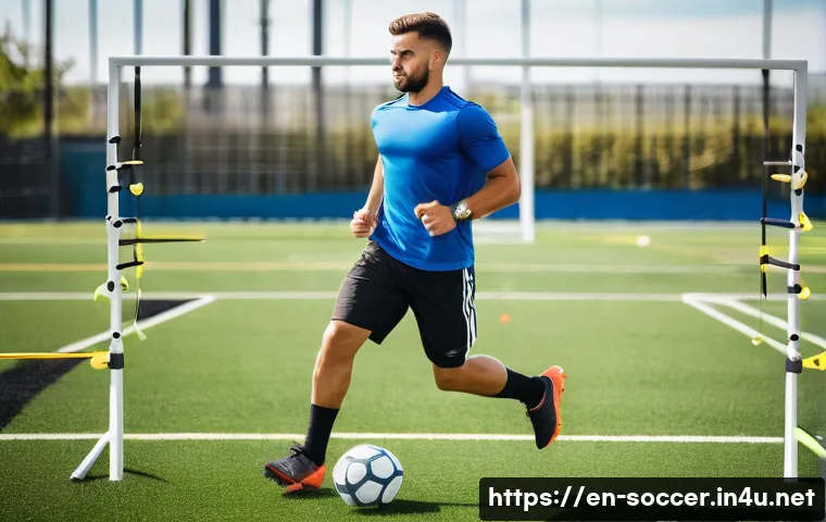 축구 부상 예방 가이드 - A dynamic soccer training scene featuring a young male athlete performing agility ladder drills on a...