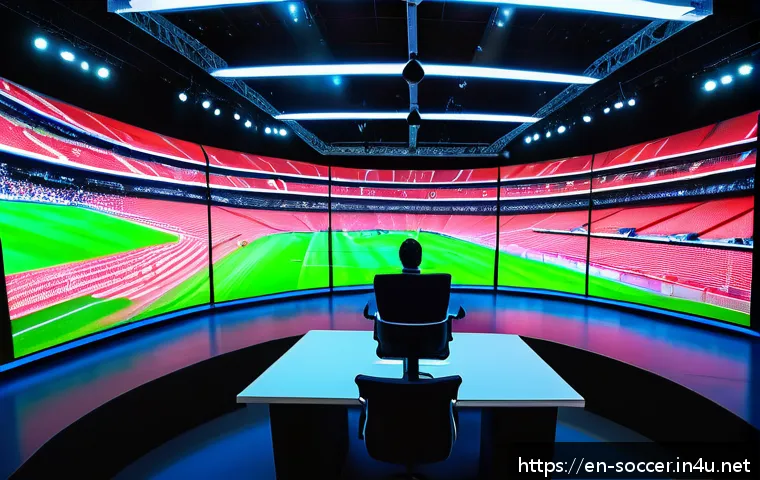 축구 경기 중계 해설 팁 - A dynamic live sports commentary studio scene featuring a professional commentator wearing a sleek h...