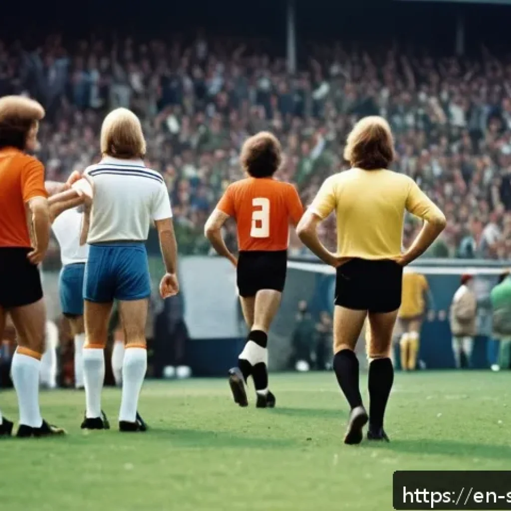 월드컵 역사와 주요 순간 - A dynamic, detailed scene of a 1974 World Cup football match showcasing the “Total Football” style p...