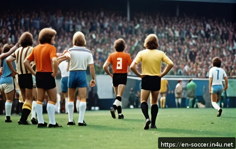 월드컵 역사와 주요 순간 - A dynamic, detailed scene of a 1974 World Cup football match showcasing the “Total Football” style p...