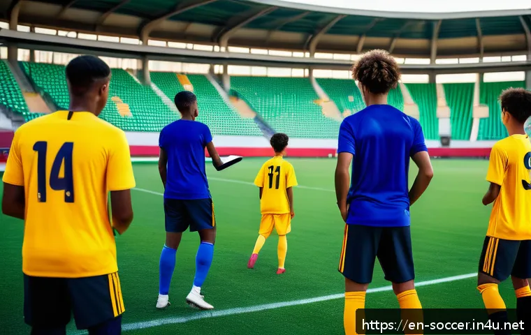 축구 코칭 어플 활용 팁 - A dynamic soccer team practice scene featuring a diverse group of young athletes wearing colorful sp...