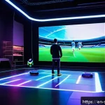 Home 21 축구 관련 앱 개발 아이디어 - A modern living room transformed into a futuristic augmented reality soccer stadium scene, with a ho...
