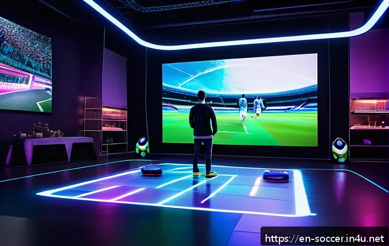 축구 관련 앱 개발 아이디어 - A modern living room transformed into a futuristic augmented reality soccer stadium scene, with a ho...