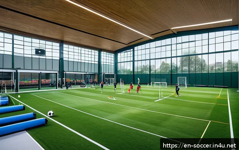축구 클럽 운영 비용 - A professional soccer training facility scene featuring a lush green pitch with modern gym equipment...