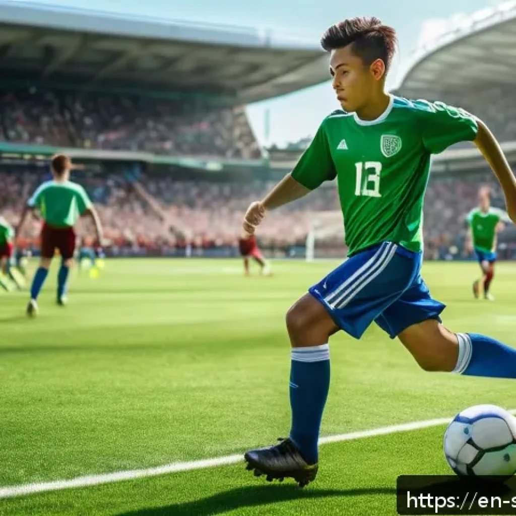 축구 유망주 분석 보고서 - A dynamic scene of a teenage soccer midfielder wearing sportswear and cleats, demonstrating exceptio...
