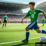 Home 19 축구 유망주 분석 보고서 - A dynamic scene of a teenage soccer midfielder wearing sportswear and cleats, demonstrating exceptio...