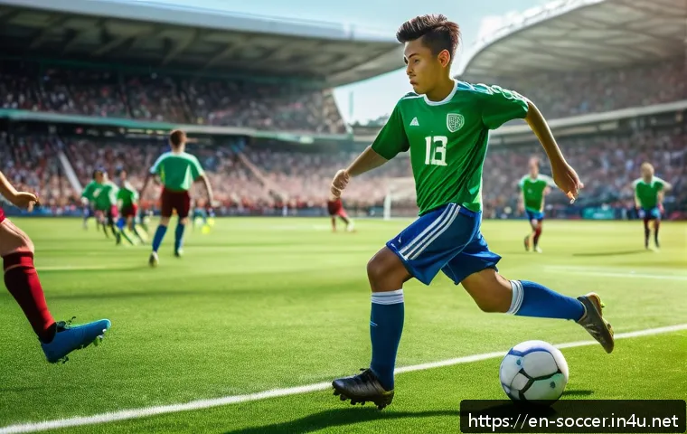 축구 유망주 분석 보고서 - A dynamic scene of a teenage soccer midfielder wearing sportswear and cleats, demonstrating exceptio...