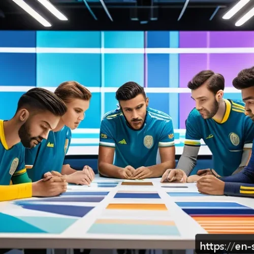 Home 30 축구 유니폼 제작 과정 - A modern soccer jersey design concept scene showing a diverse team of creative designers in a bright...