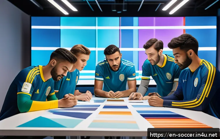 축구 유니폼 제작 과정 - A modern soccer jersey design concept scene showing a diverse team of creative designers in a bright...