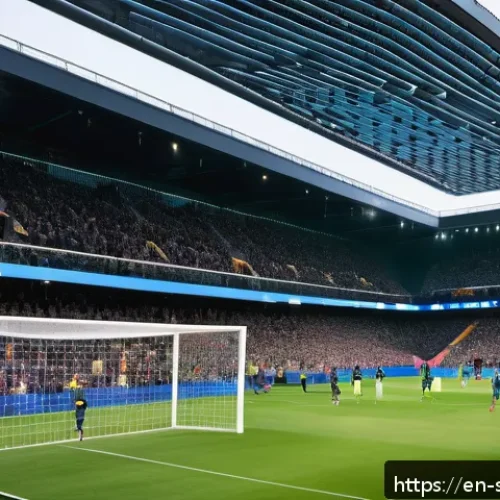 Home 17 축구 산업 전망 - A futuristic smart stadium interior during a live soccer match, showcasing a diverse crowd of fans u...