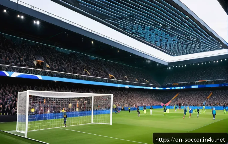 축구 산업 전망 - A futuristic smart stadium interior during a live soccer match, showcasing a diverse crowd of fans u...