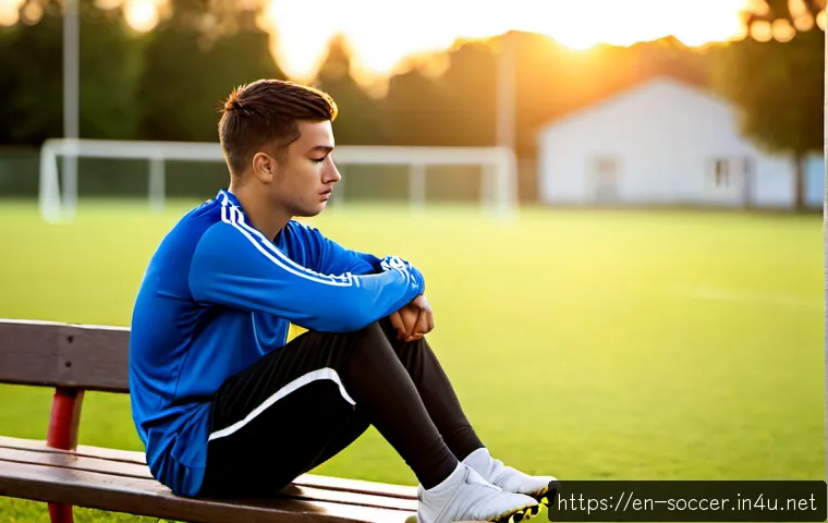 축구 멘탈 훈련법 - Photorealistic young adult soccer player sitting alone on a wooden bench beside a quiet community fo...