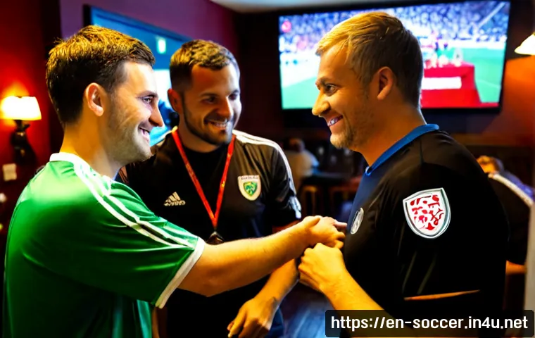 축구 팬들 간의 네트워킹 방법 - Photorealistic scene of diverse adult soccer fans networking at a friendly neighborhood sports pub, ...